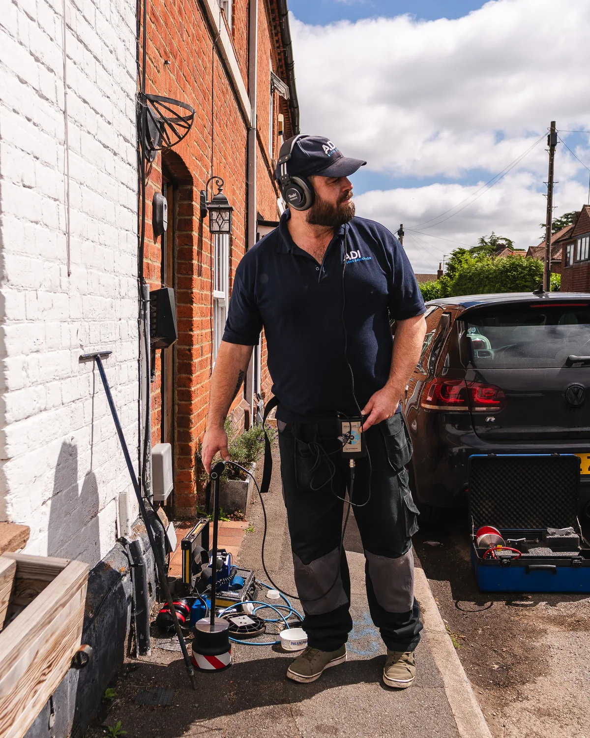ADI engineer using listening equipment beside a building